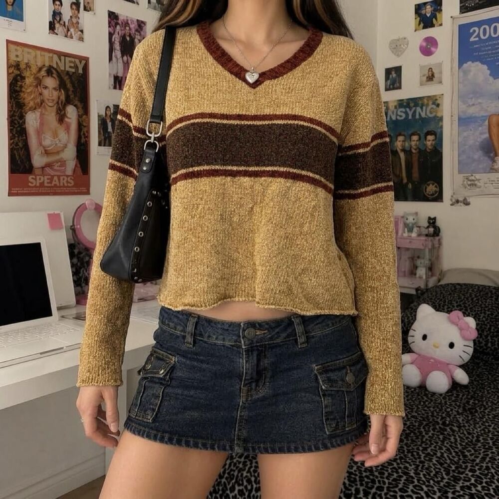 Y2K Reference Point Gold Burgundy Striped Chenille Sweater Size M Grunge Fall